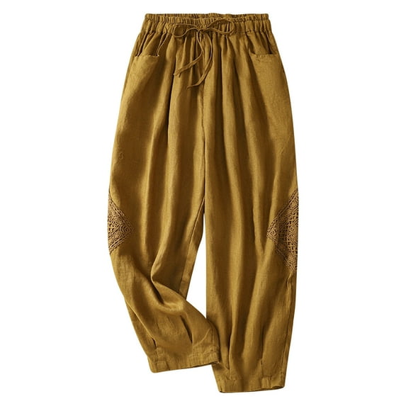 Lmnyox Baggy Cotton Linen Pants for Women Elastic High Waist Lounge Pants with Pocket Fall Casual Trousers