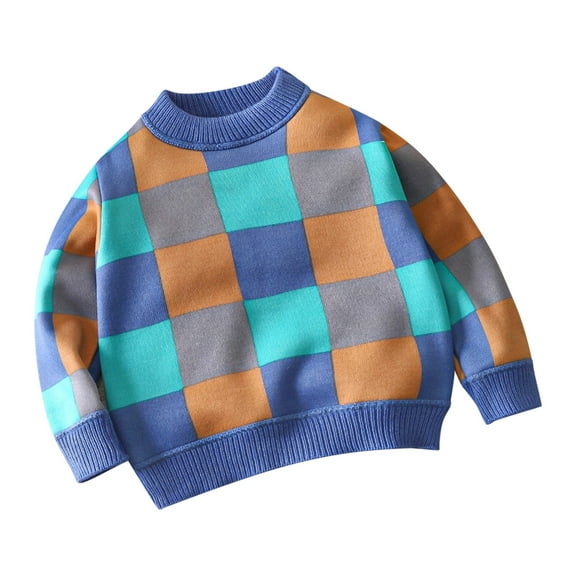 Lmnyox Boys Girls Kids Sweaters Thick Warm Long Sleeve Crew Neck Plaid Sweater Pullover Winter Fleece Lined Knit Tops