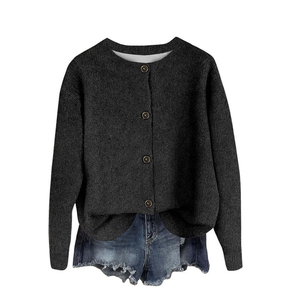 Lmnyox Button Down Cardigan for Women Solid Long Sleeve Crew Neck Knit Tops Fall Winter Fashion Sweaters