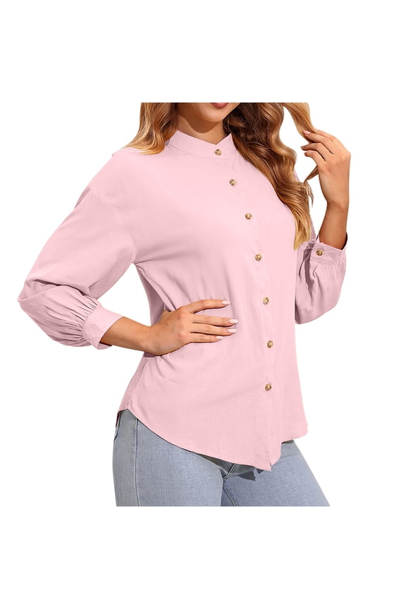 Button Down Shirt for Women Fashion Long Sleeve Crew Neck Fall Casual Solid Color Tunic Tops