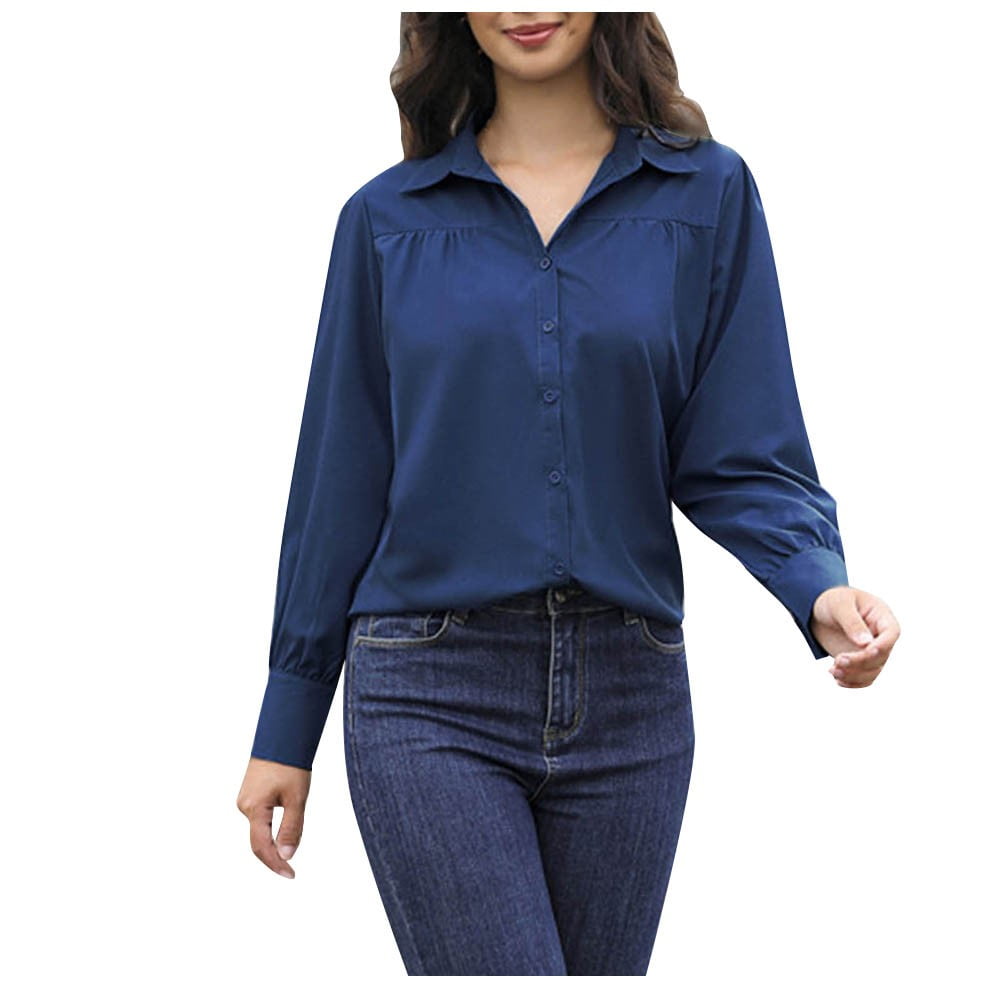 Lmnyox Button Down Shirts for Women Dressy Casual Long Sleeve Blouses Fall Business Work Office Shirt, Women's, Size: XL, Blue