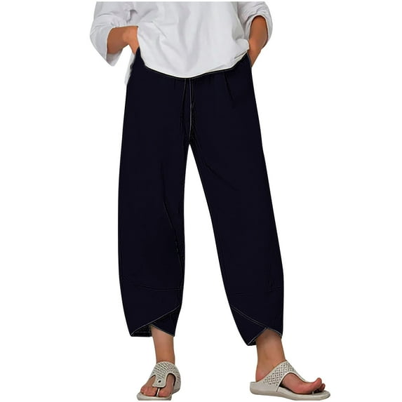 Lmnyox Capri Pants for Women Stretchy Wide Leg Elastic Waist Capris Lightweight Cropped Trousers with Pocket
