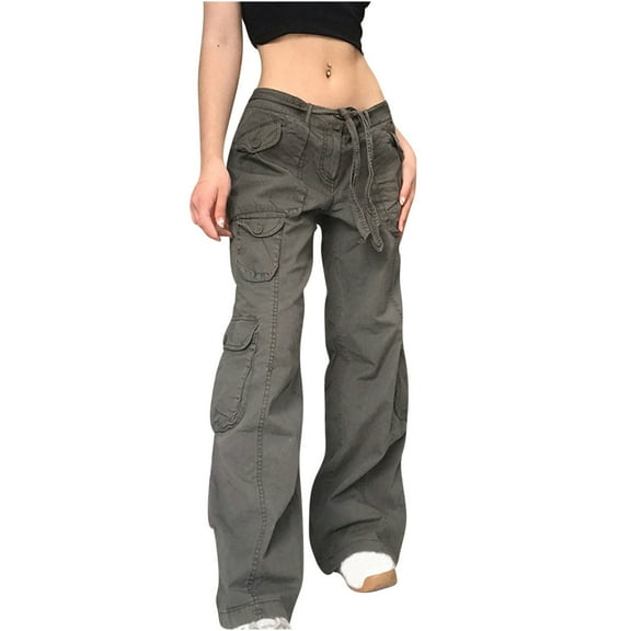 Lmnyox Cargo Jeans for Women Casual Wide Leg Drawstring Jeans with Pocket Summer Fashion Trousers