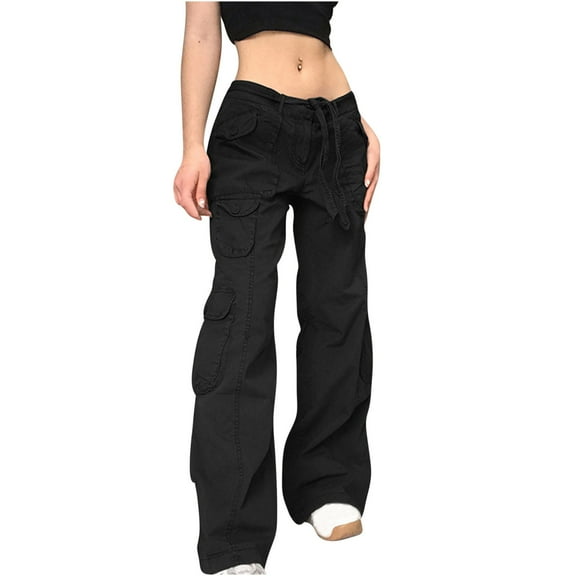 Lmnyox Cargo Jeans for Women Casual Wide Leg Drawstring Jeans with Pocket Summer Fashion Trousers