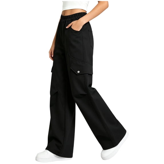 Lmnyox Cargo Pants for Girls Fashion Baggy High Waist Fleece Lined Trousers Wide Leg Sports Pants with Pockets