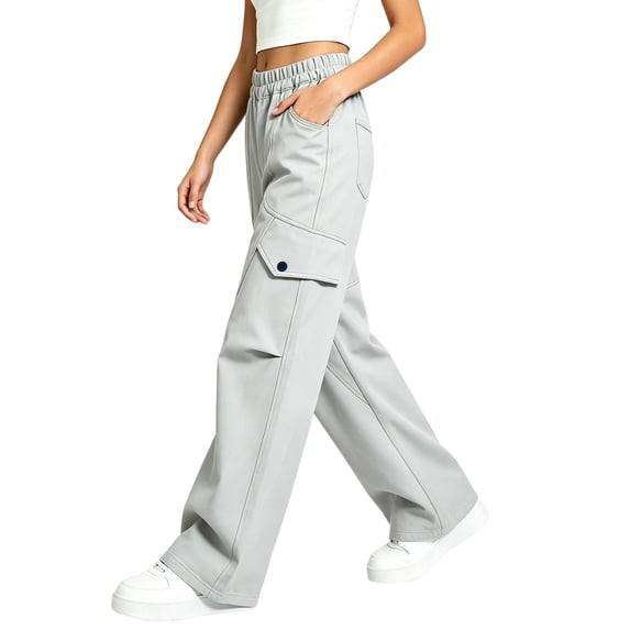 Lmnyox Cargo Pants for Girls Fashion Baggy High Waist Fleece Lined Trousers Wide Leg Sports Pants with Pockets