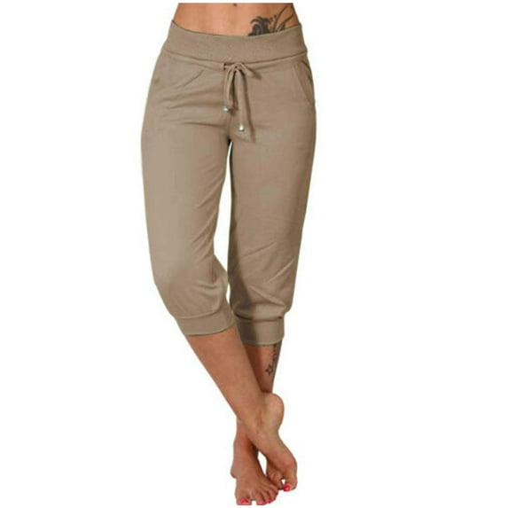 Lmnyox Casual Capris for Women Elastic Waist Long Pants with Pocket Summer Jogger Workout Pants
