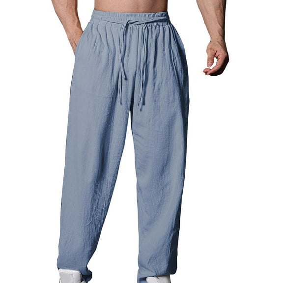 Lmnyox Casual Cotton Linen Pants for Men Tapered Leg Drawstring Lounge Pants Lightweight Beach Pocket Trousers