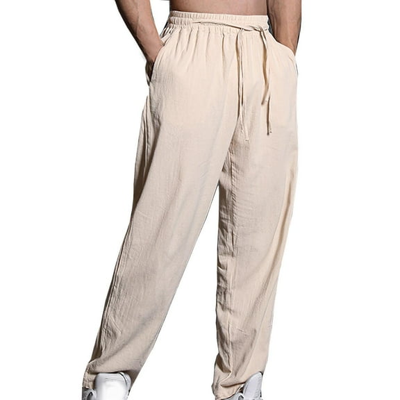 Lmnyox Casual Cotton Linen Pants for Men Tapered Leg Drawstring Lounge Pants Lightweight Beach Pocket Trousers