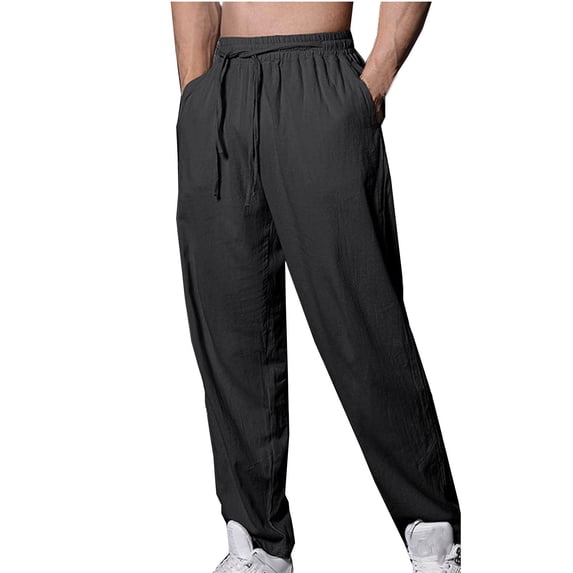 Lmnyox Casual Cotton Linen Pants for Men Tapered Leg Drawstring Lounge Pants Lightweight Beach Pocket Trousers