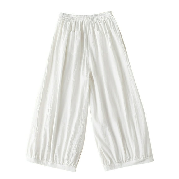 Lmnyox Casual Cotton Linen Pants for Women Wide Leg Elastic Lounge Pants with Pocket Lightweight Trousers