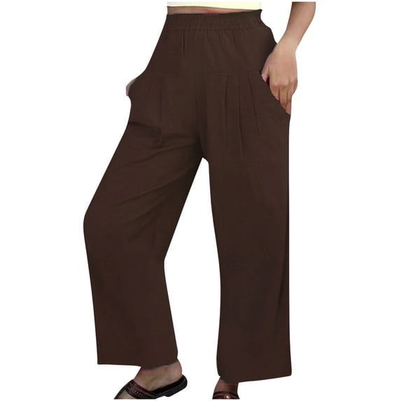 Lmnyox Casual Cotton Linen Pants for Women Wide Leg Elastic Waist Palazzo Pants with Pocket Lightweight Lounge Pants