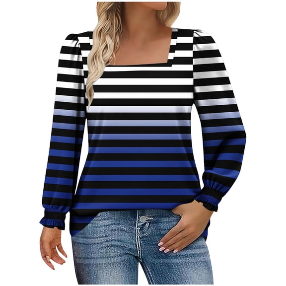 Lmnyox Casual Long Sleeve Shirt for Women Striped Square Neck Fashion Tops Trendy Loose Blouses Fall Outfits