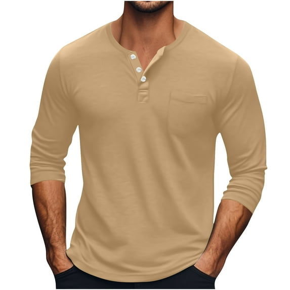 Lmnyox Casual Tops for Men Classic Long Sleeve Button Crew Neck Shirts Solid Color Casual Basic T Shirt with Pocket
