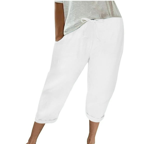 Lmnyox Cotton Linen Capris for Women Wide Leg Drawstring Capri Pants with Pocket Summer Casual Beach Capris