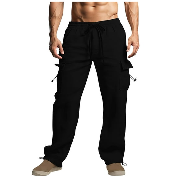 Lmnyox Cotton Linen Cargo Pants for Men Elastic Waist Drawstring Outdoor Hiking Pants with Multi Pockets Casual Activewear
