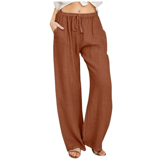 Lmnyox Cotton Linen Pants for Women Wide Leg Elastic Waist Lounge Pants Summer Lightweight Trousers with Pocket