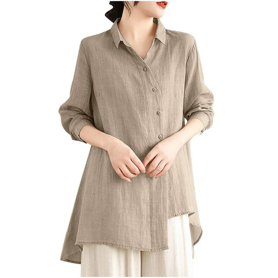 Lmnyox Cotton Linen Shirts Womens Button Down Collared Vintage Fashion Blouses Dressy Casual Long Sleeve Tops