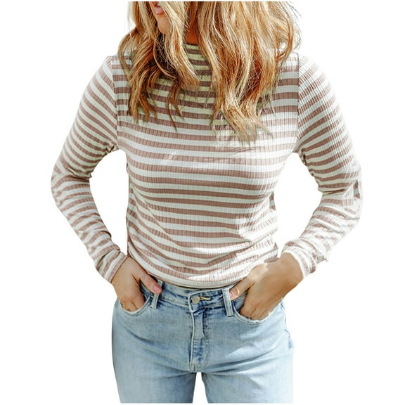 Lmnyox Cotton Sweaters for Women Casual Striped Long Sleeve Mock Neck Knit Tops Fashion Basic Sweater Shirts