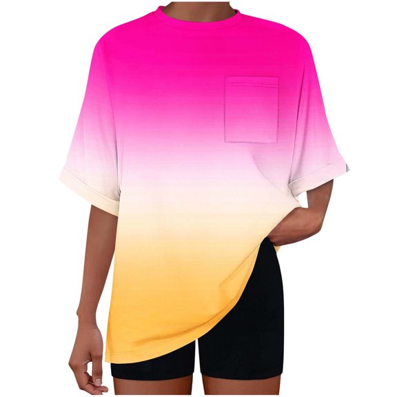 Lmnyox Crew Neck T Shirt for Women Half Sleeve Gradient Print Tee Shirt Casual Loose Summer Tops with Pocket