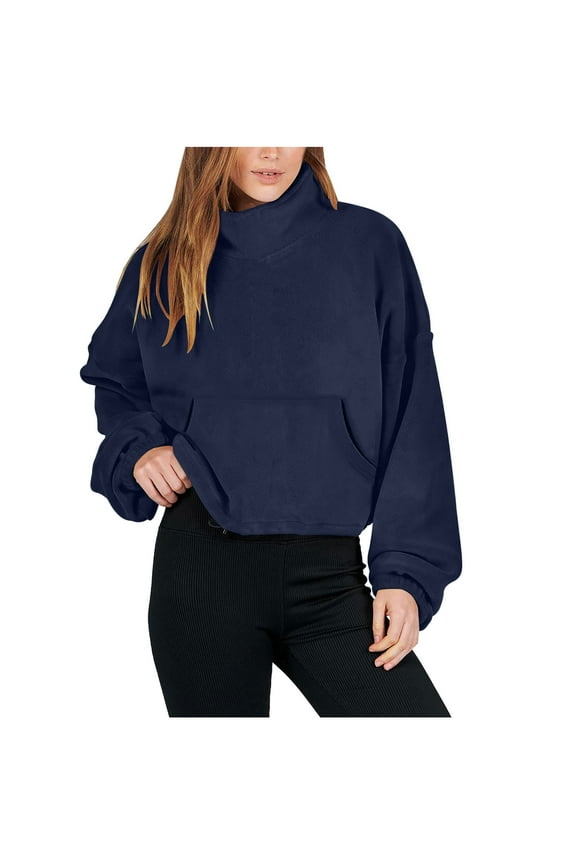Cropped Sweatshirts for Women Fall Winter Fuzzy Fleece Pullover Long Sleeve Mock Neck Clothes with Pocket