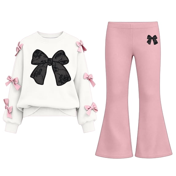 Lmnyox Cute Outfits for Girls 2 Pieces Bow Knot Pullover and Bell Bottom Pants Casual Clothing Sets