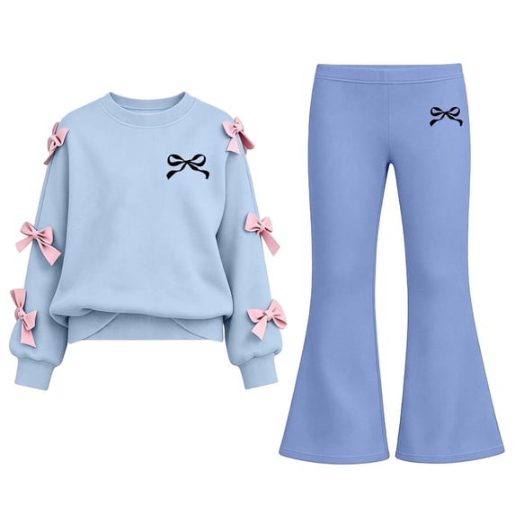 Lmnyox Cute Outfits for Girls 2 Pieces Bow Knot Pullover and Bell Bottom Pants Casual Clothing Sets