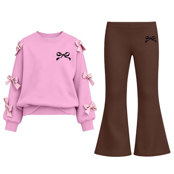 Lmnyox Cute Outfits for Girls 2 Pieces Bow Knot Pullover and Bell Bottom Pants Casual Clothing Sets