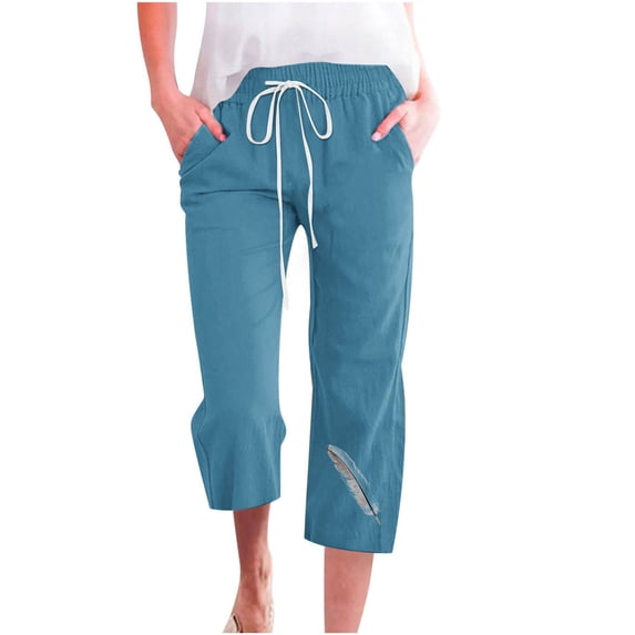 Lmnyox Drawstring Capris for Women Summer Cotton Linen Cropped Pants with Pocket Lightweight Trousers