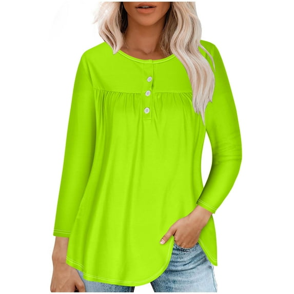 Lmnyox Fall Casual Tunic Tops for Women Loose Long Sleeve Crew Neck Shirts Pleated Button Blouses