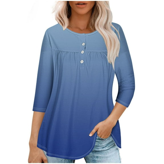 Lmnyox Fall Casual Tunic Tops for Women Loose Long Sleeve Crew Neck Shirts Pleated Button Blouses