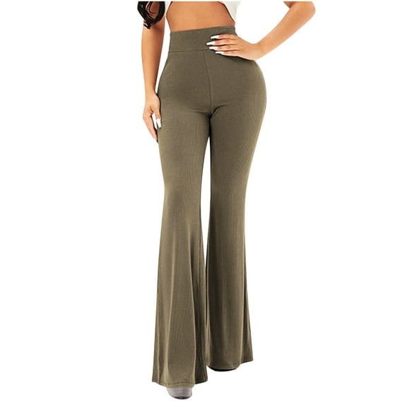 Lmnyox Fall High Waist Pants for Women Flare Straight Leg Lounge Pants Dressy Casual Ribbed Trousers