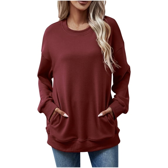 Lmnyox Fall Pullover Tops for Women Soft Long Sleeve Sweatshirts Loose Casual Solid Color Shirts Fashion Clothes