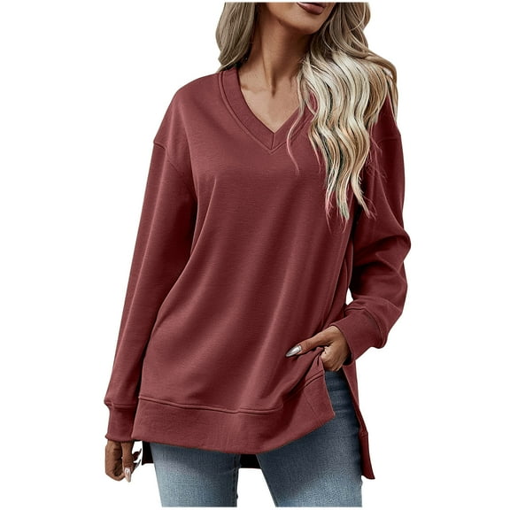 Lmnyox Fall Pullover Tops for Women Soft Long Sleeve Sweatshirts Loose Casual Solid Color Shirts Fashion Clothes