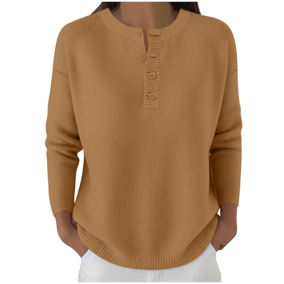 Lmnyox Fall Sweaters for Women Long Sleeve Crew Neck Button Sweater Tops Fashion Loose Knitted Shirts
