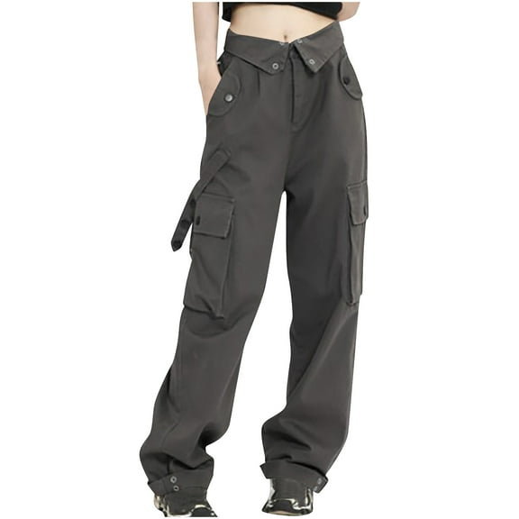 Lmnyox Fall Trendy Cargo Pants for Women Straight Wide Leg Trousers High Waist Button Pocket Pants Fashion Streetwear