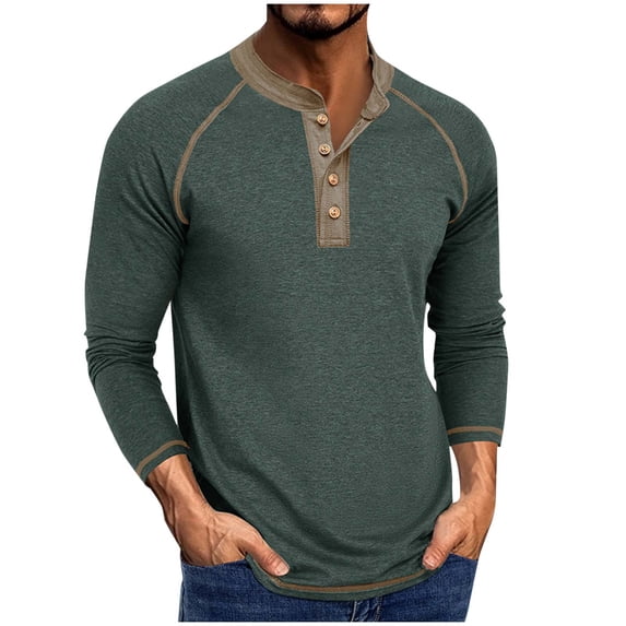 Lmnyox Fall Winter Tops Men's Long Sleeve Button Crew Neck T Shirt Classic Fashion Pullover Tee with Pocket