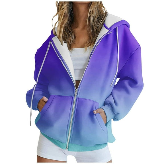 Lmnyox Fashion Full Zipper Sweatshirts for Women Long Sleeve Drawstring Jackets Casual Print Hoodies with Pocket