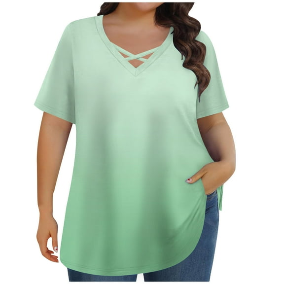 Lmnyox Fashion Plus Size Shirt Womens Short Sleeve Cross V Neck Casual T Shirt Oversized Basic Print Tops