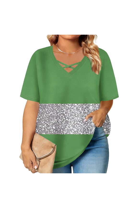 Lmnyox Fashion Plus Size T Shirt Womens Casual Color Block Short Sleeve Cross V Neck Pullover Tee Summer Clothes