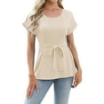 thumbnail image 1 of Lmnyox Fashion Tunic Tops for Women Tie Waist Pleated Short Sleeve Blouses 2025 Trendy Crew Neck Shirts Outfits, 1 of 6