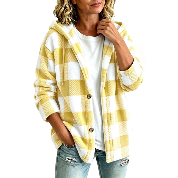 Lmnyox Fleece Jackets for Women Casual Plaid Button Down Hooded Coats Winter Cozy Long Sleeve Jackets