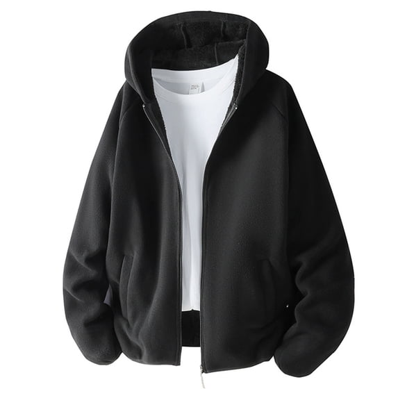 Lmnyox Fleece Lined Jackets for Men Loose Zipper Up Hooded Sherpa Coats Solid Color Long Sleeve Coats with Pockets