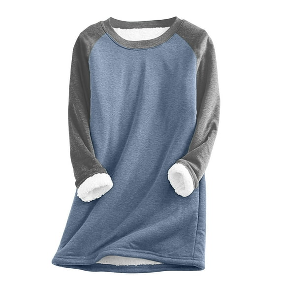 Lmnyox Fleece Lined Long Pullover for Women Casual Loose Color Block Long Sleeve Crew Neck Thermal Sweatshirts