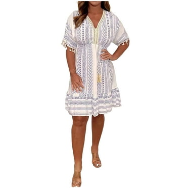 Lmnyox Floral Midi Dress for Women Short Sleeve V Neck Dress Flowy High Waist Vacation Sundress
