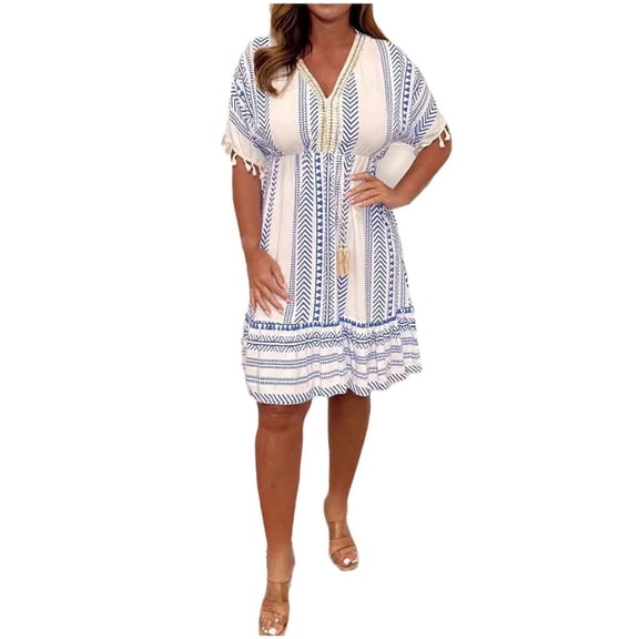 Lmnyox Floral Midi Dress for Women Short Sleeve V Neck Dress Flowy High Waist Vacation Sundress