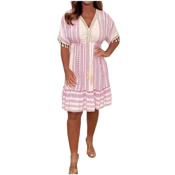 Lmnyox Floral Midi Dress for Women Short Sleeve V Neck Dress Flowy High Waist Vacation Sundress