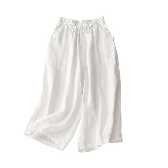 Lmnyox Flowy Cotton Linen Capri for Women Wide Leg Elastic Waist Capri Pants with Pocket Summer Casual Capris