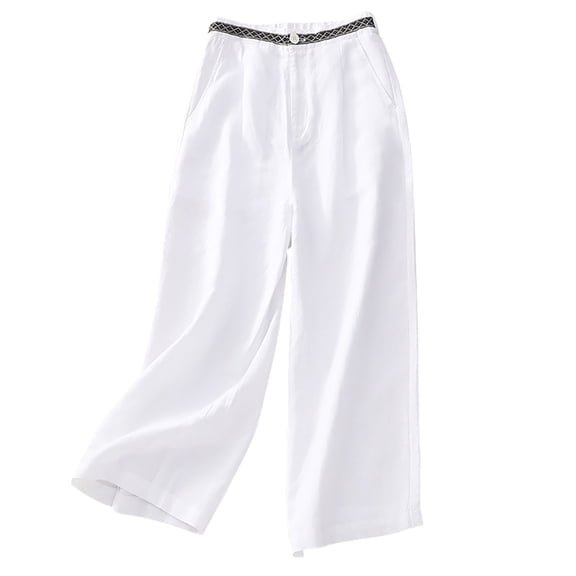 Lmnyox Flowy Cotton Linen Capri for Women Wide Leg Elastic Waist Capri Pants with Pocket Summer Casual Capris