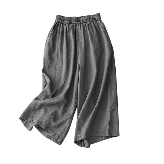 Lmnyox Flowy Cotton Linen Capri for Women Wide Leg Elastic Waist Capri Pants with Pocket Summer Casual Capris